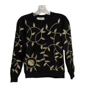 Black Sweatshirt with Gold Metallic Floral Leaf Embroidery